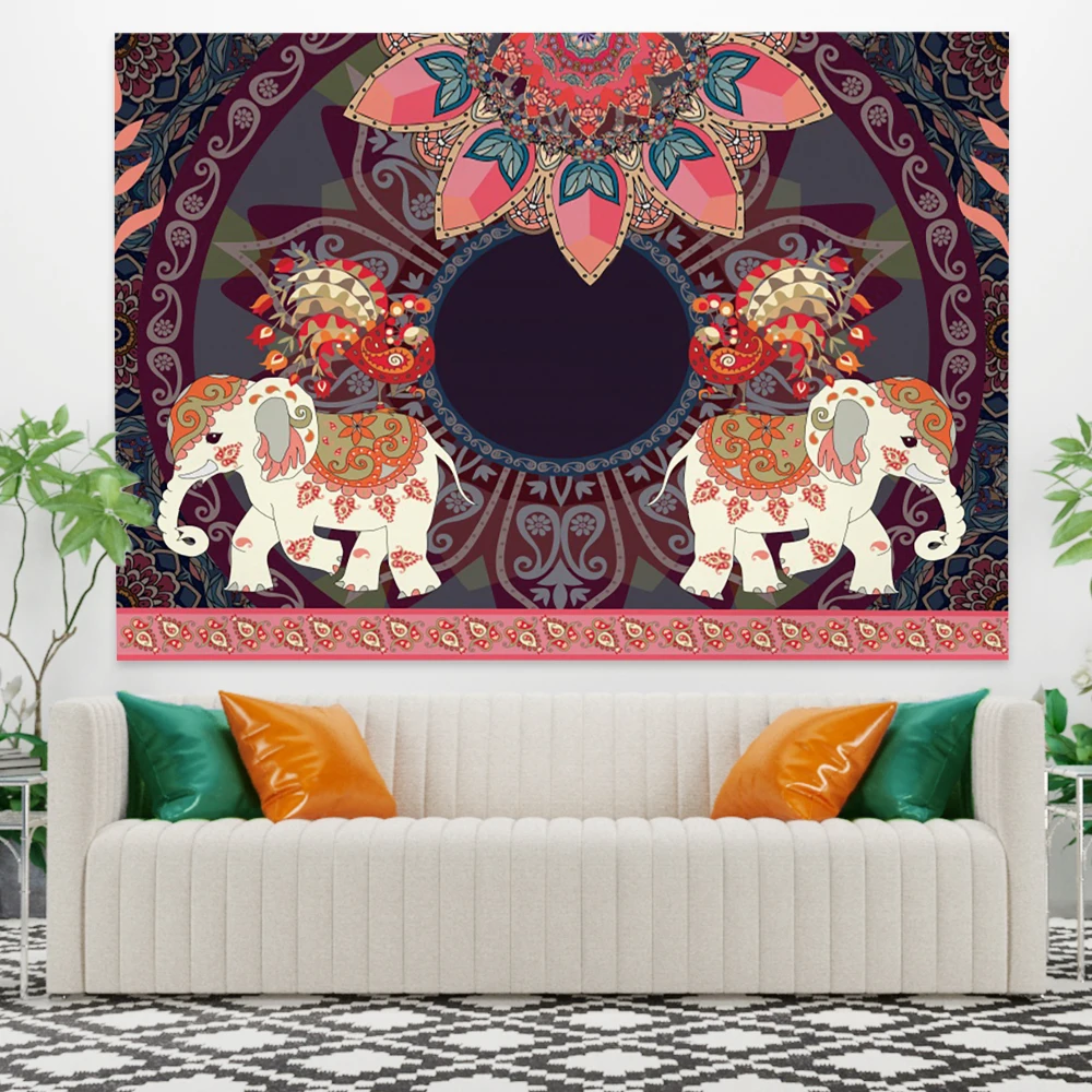 

Indian Tapestry Wall Hanging Colorful Flower Elephants Peacock Hippie Tapiz Pared Cloth Printing Home Decoration Boho Decor