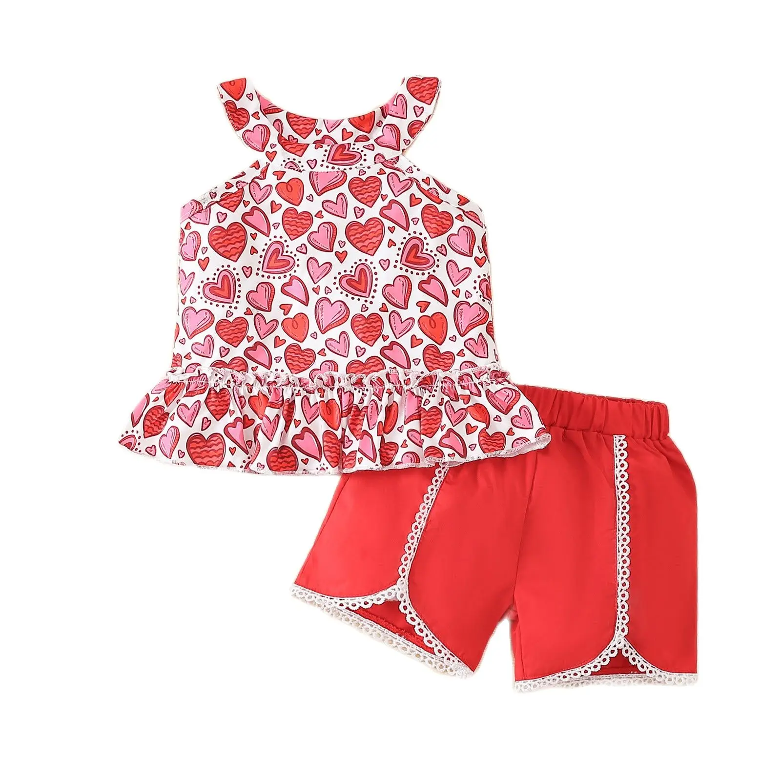 

2022 New Summer Sleeveless Heart Pattern Top+Shorts 2Pcs Kid Clothes Girl Children Suit Baby Girl Clothes