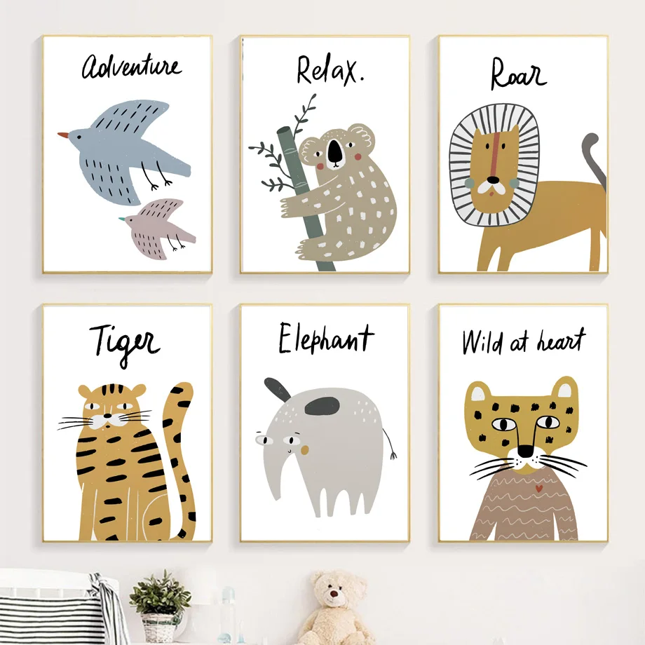 

Abstract Cartoon Animals Koala Tiger Lion Bird Nordic Wall Art Canvas Painting Posters And Prints Pictures Baby Kids Room Decor
