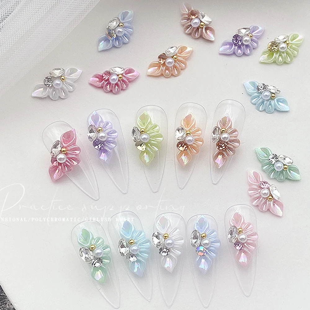 

10pcs 3D Nails Flower Acrylic Nail Art Trendy Charms Rhinestones Carved with Crystals Press On Nails Butterfly Pearls Decoration