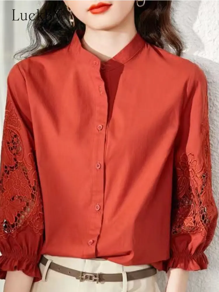 

Office Lady Women Shirt 3/4 Sleeve Hollow Out Embroidery Stand Collar Spring Summer Fashion Cotton Cardigan Blouse New All-match