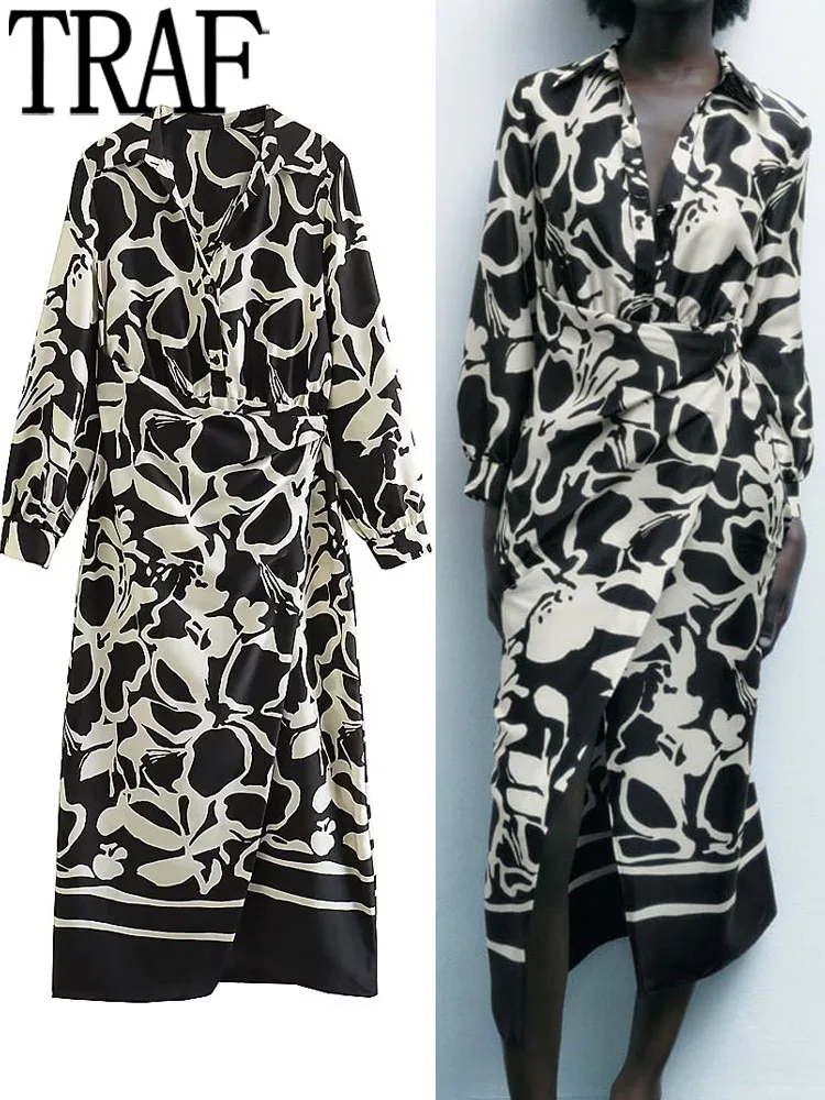 

TRAF Vintage Print Long Dress Women Wrap Black Shirt Dress Woman Long Sleeve Elegant Dresses For Women 2023 Midi Party Dresses