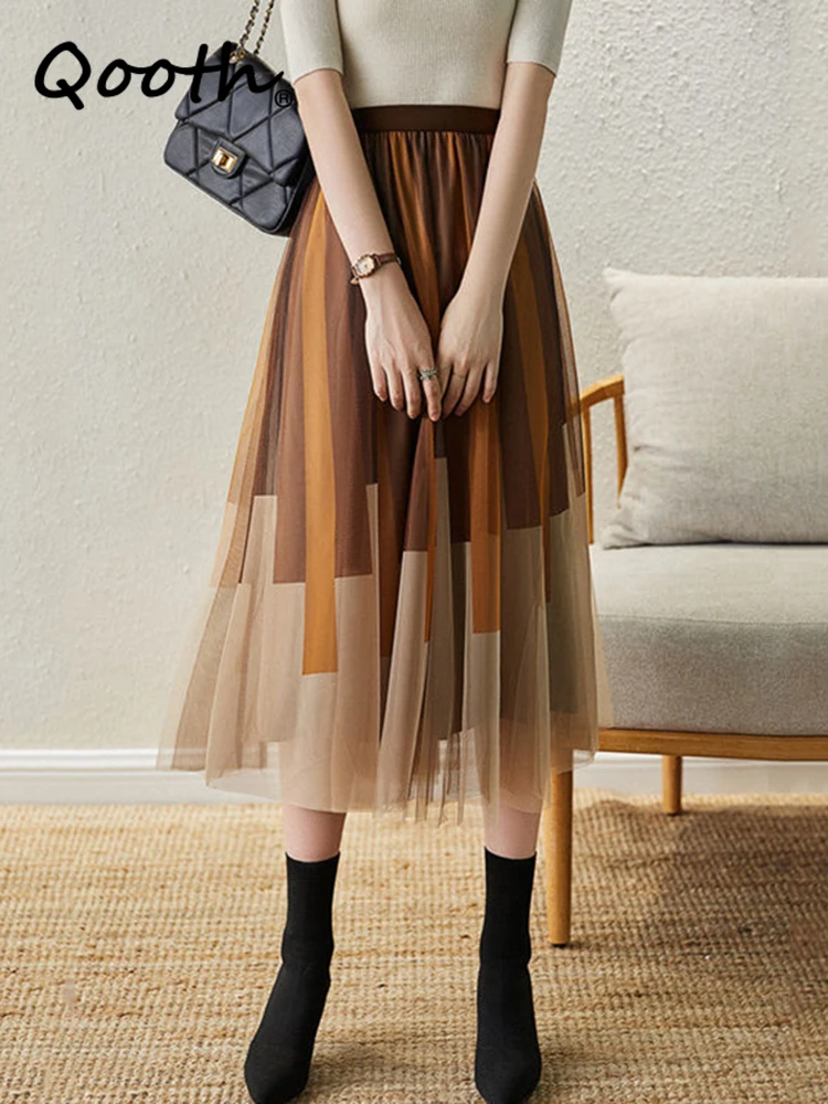 

Женская сетчатая юбка Qooth с принтом «пианино», элегантная длинная трапециевидная юбка средней длины с высокой талией для весны и лета, QT2063