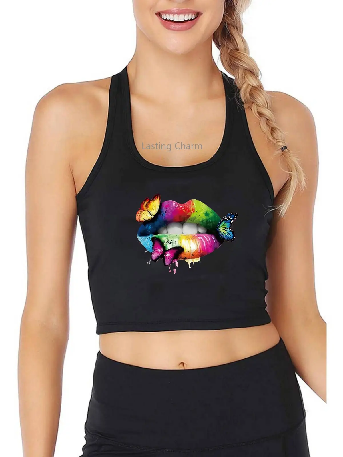

Multicolored Lips Butterflies Printed Tank Top Women's Breathable Slim Fit Yoga Sports Training Crop Tops Summer Camisole