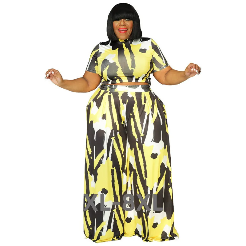 

Plus Size 2 Piece Set Women Sets Fashion Short Sleeves Wide Leg Bandage Top Office Ladies Outfits Whol 3xl 4xl 5xl 6xl