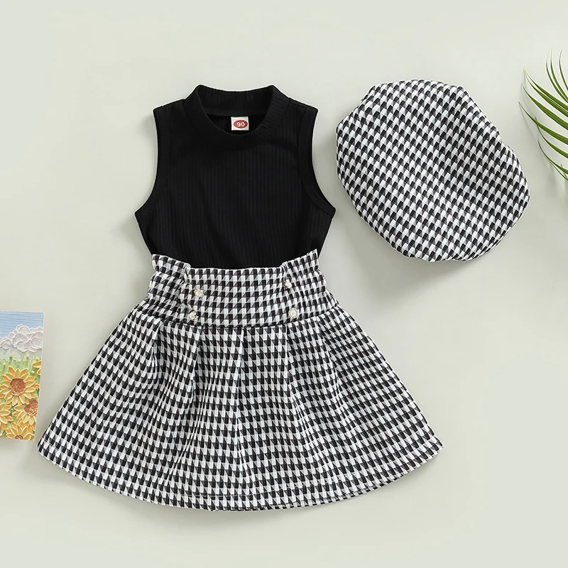 Baby's Clothes Kids Girls Skirt Set Sleeveless Crew Neck Vest Houndstooth A-line Skirt Hat Summer Outfit Children's Clothing