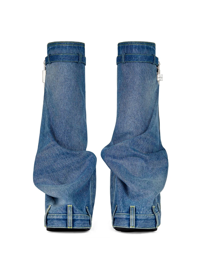 New Jean Cowgirls Lock Knee High Shark Long Boots Women Metallic Round Toe Slip-on Platform Wedges Thick Sole Party Stage Shoes