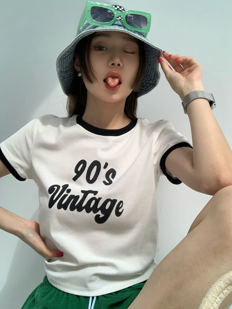

2Colors 2022 Summer korean style Vintage Letter Print Color Patch Short Sleeve t-shirt Womens Girls tops Tees shirt femme(C6812)