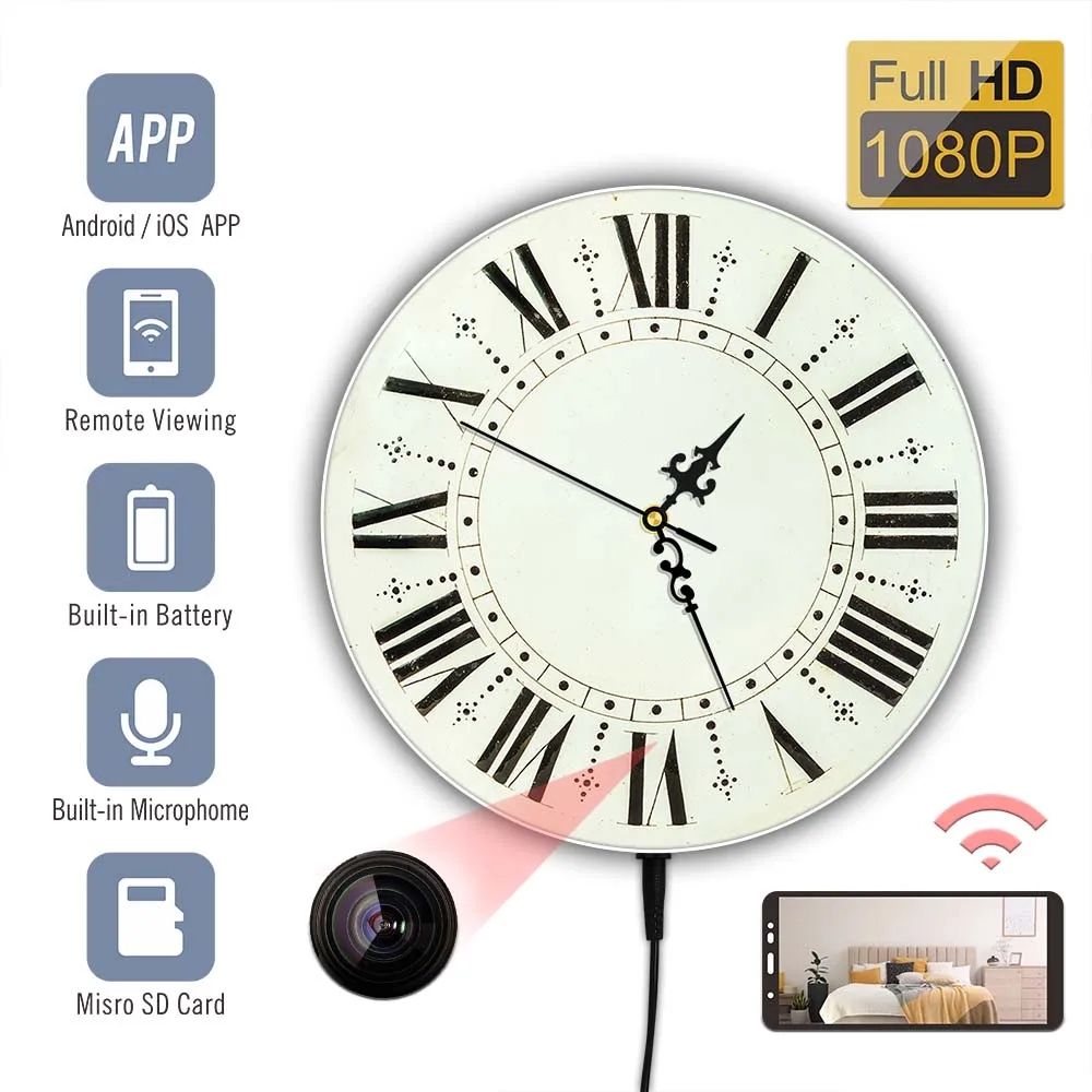 

Wirless WiFi Camera Wall Clock With Roman Numerals Home Security Decor Retro Rustic Round Motion Detection Video Recorder Clock