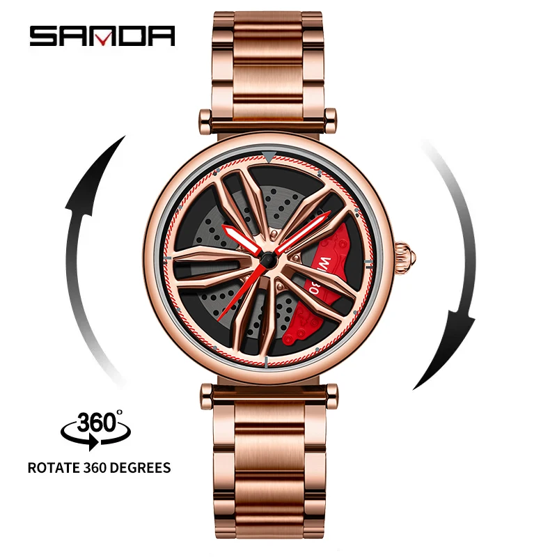 

SANDA P1074 Hot Sell Fashion Car Rim Women Wristwatches Wheel Dial Ladies Watches Stainless Steel Waterproof Sport Female Clock