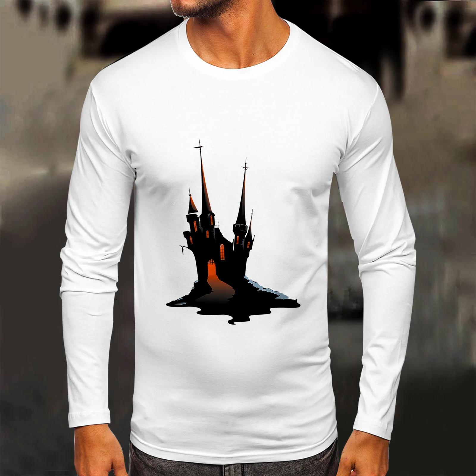 

Мужская Повседневная футболка с длинным рукавом, круглым вырезом и принтом замка, осень 2022