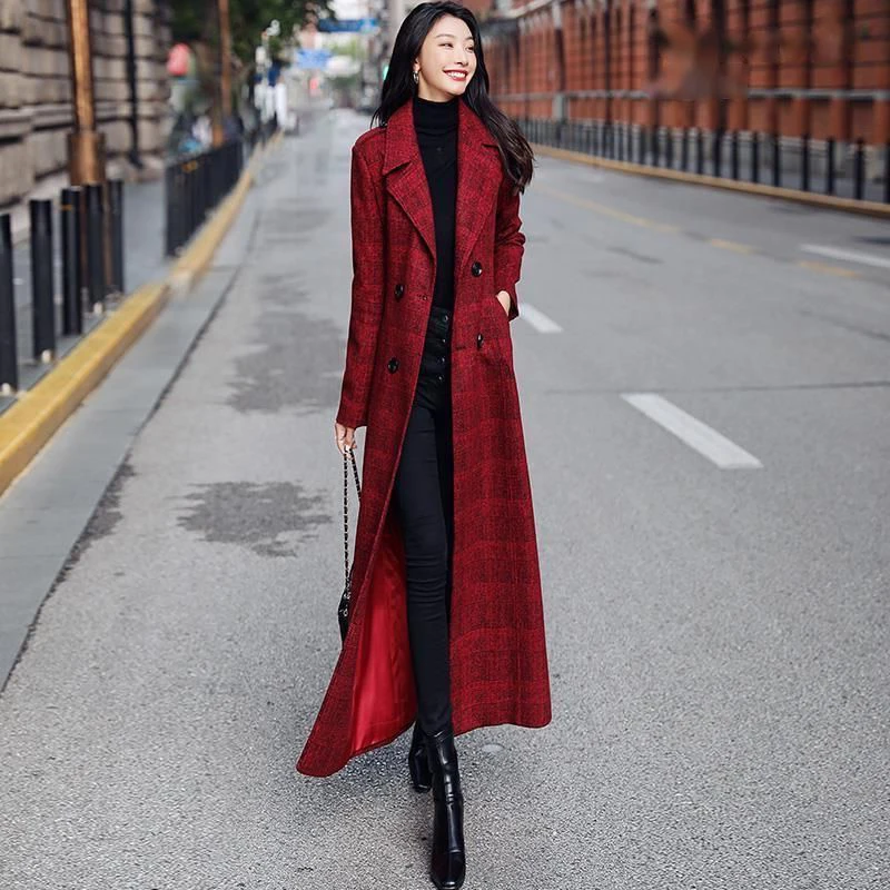 

OKXGNZ Korean Womens Wool Jacket Slim Casual Double-Breasted Overcoat 2022 Autumn Winter New Lady Long Plaid Woolen Trench Coat