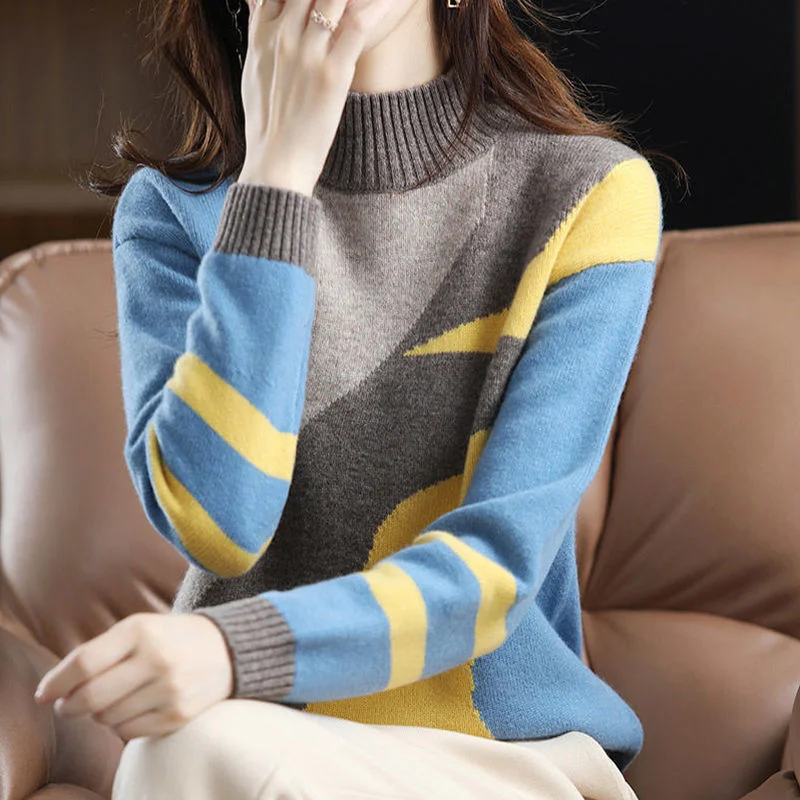 

Women's Colorblocking Bottom Sweater 2023 New Fashion Autumn Winter Half Turtleneck Knit Ladies Top Loose Harajuku Elegant