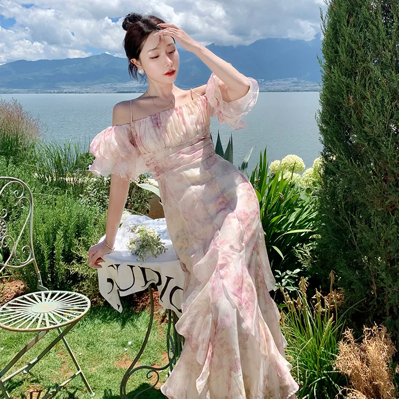 

XUAN PhD Dress Women Elegant Summer 2023 New Slash Neck Fashion Evening Party Lady Vestido Vintage Casual Female Sexy Clothes