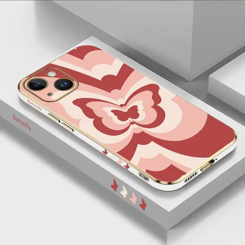 

Red Gradient Butterfly Luxury Plating Phone Case For iPhone 14 13 12 11 Plus Pro Max Mini X XR XS SE2020 8 7 6 6S Plus Cover