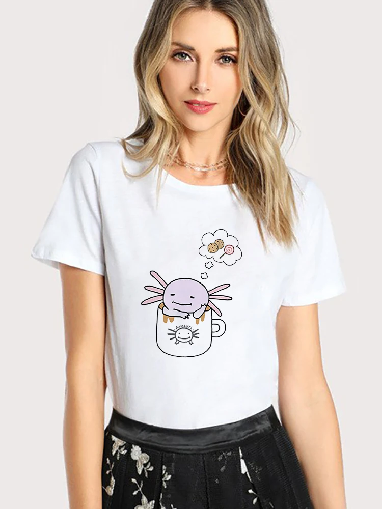 

Kawaii T-Shirts Axolotl Fashion Print Short Sleeve 2022 Summer New Arrival White High Quality Top Wholesale Funny Home Clothes