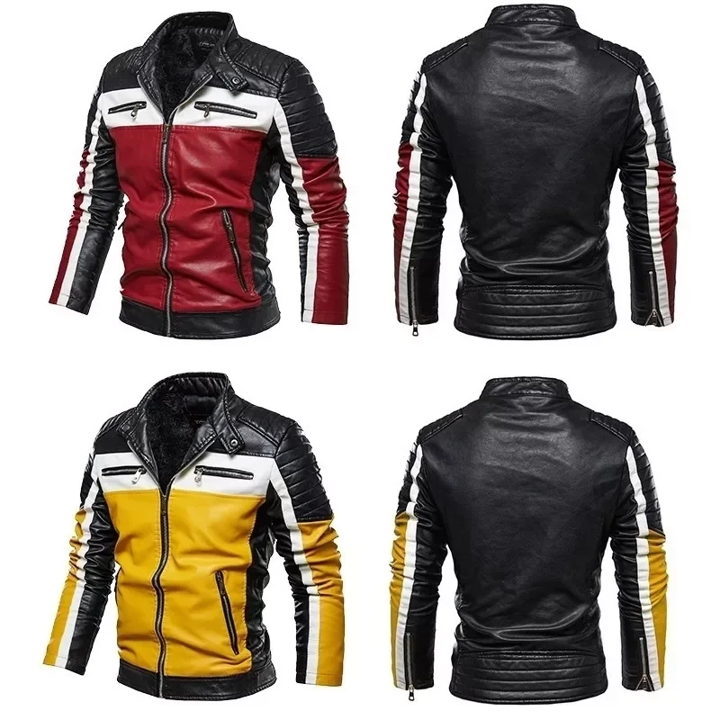 Leather Jacket Patchwork Biker  Casual Zipper Men Motorcycle Jacket Slim Fit Fur Lined Outwear Coat Yellow Black enlarge
