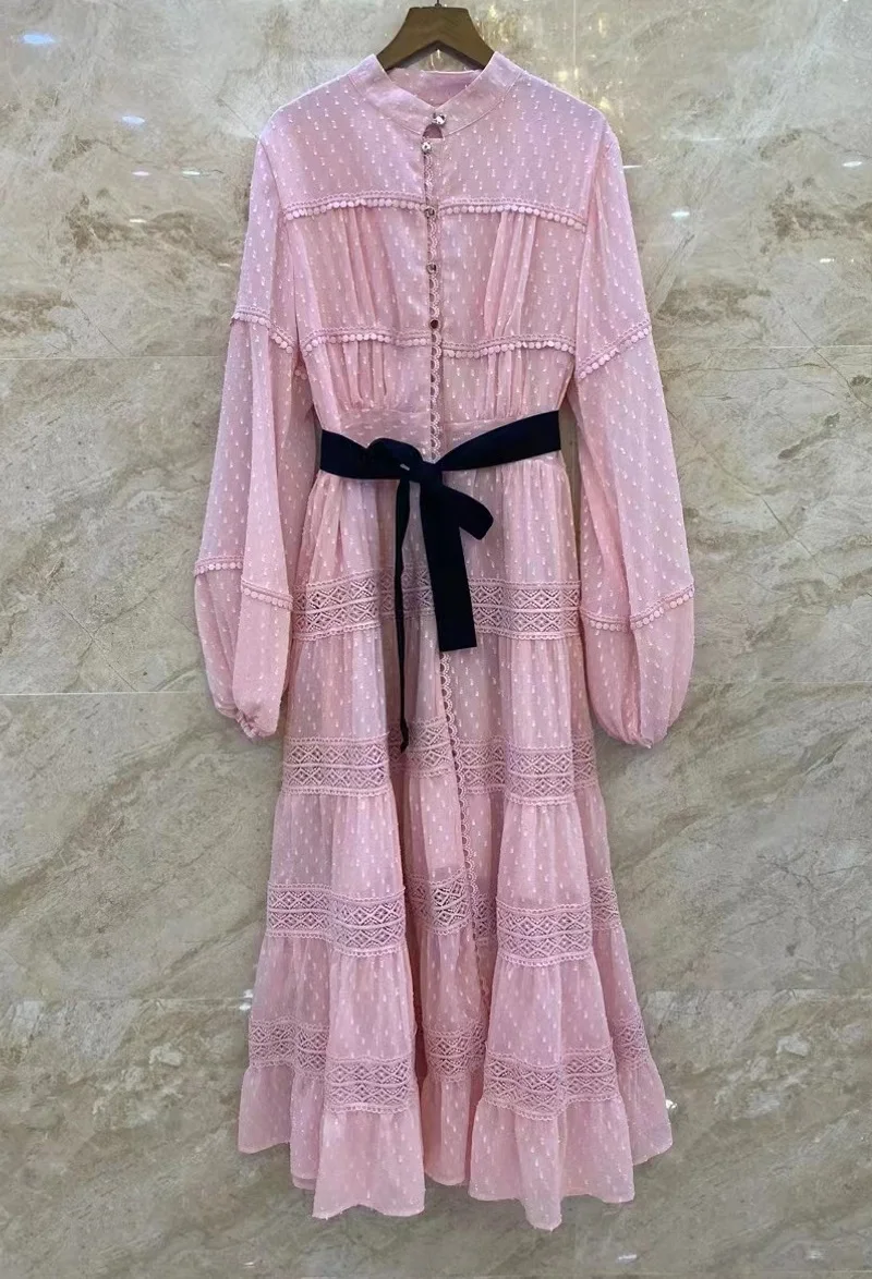 

Long Sleeve Maxi Dress 2023 Spring Summer High Quality Clothing Women Lace Patchwork Belt Deco Purple Pink Green Blue Dress