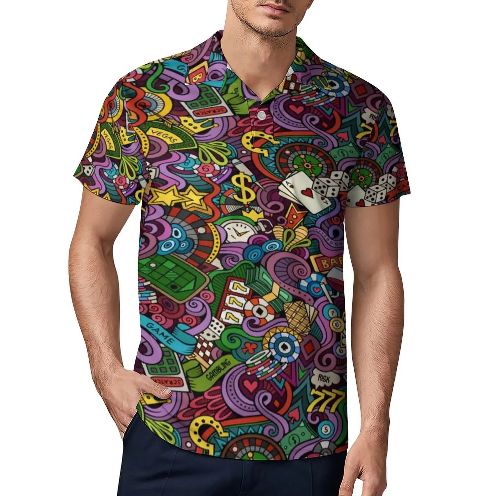 

Красочная Повседневная рубашка-поло для отпуска, азартные игры, поп-футболки, рубашка с коротким рукавом, летняя Модная рубашка-поло оверса...