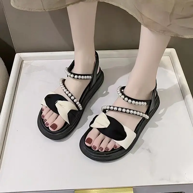 2023 Summer New Fashion Thick Sole Women's Sandals Roman Fashion Pearl Decoration Outwear Beach Shoes