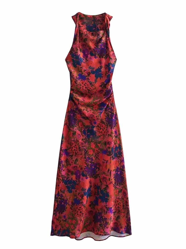 

Women summer New Chic Fashion Floral Print Satin texture Pleated slim Midi Dress Vintage Sleeveless Female Dresses robe Mujer