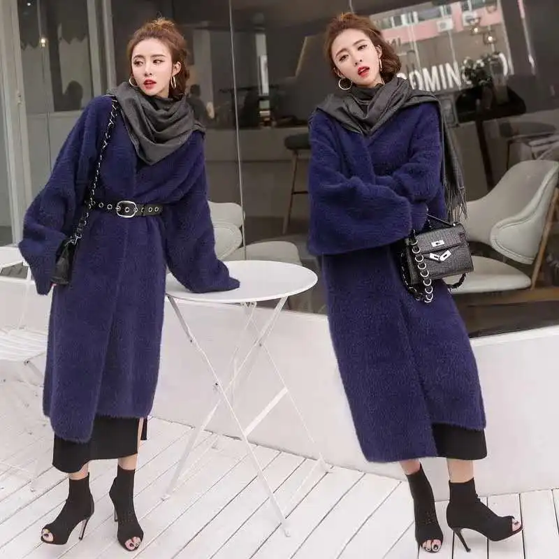 

Luxurious Mink Cashmere Sweater Cardigan Women Winter Warm Coat Batwing Sleeve Knitted Long Cardigan Thicken Fluffy Sweaters New