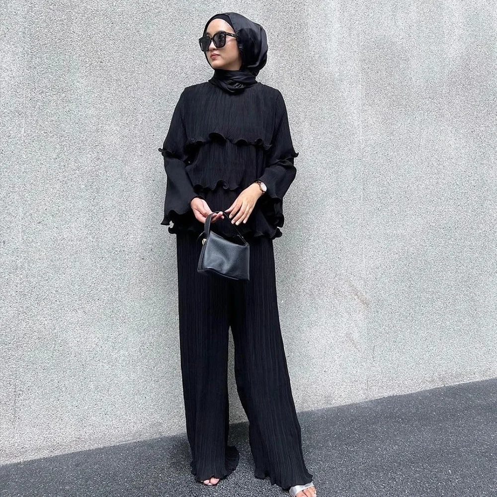 Dubai Turkish Two Piece Set Muslim Women Pleated Lotus Leaf Edge Top And Wide-legged Pants Abaya Solid Islamic Clothing 2PCS