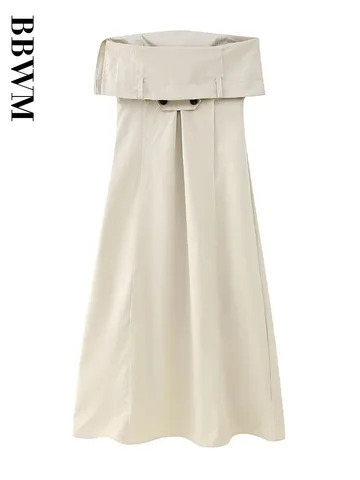 Summer 2023 Women Dress Straight Collar Vintage Sleeveless Female Solid Color Temperament Dew Shoulder Fashion Party Dresses