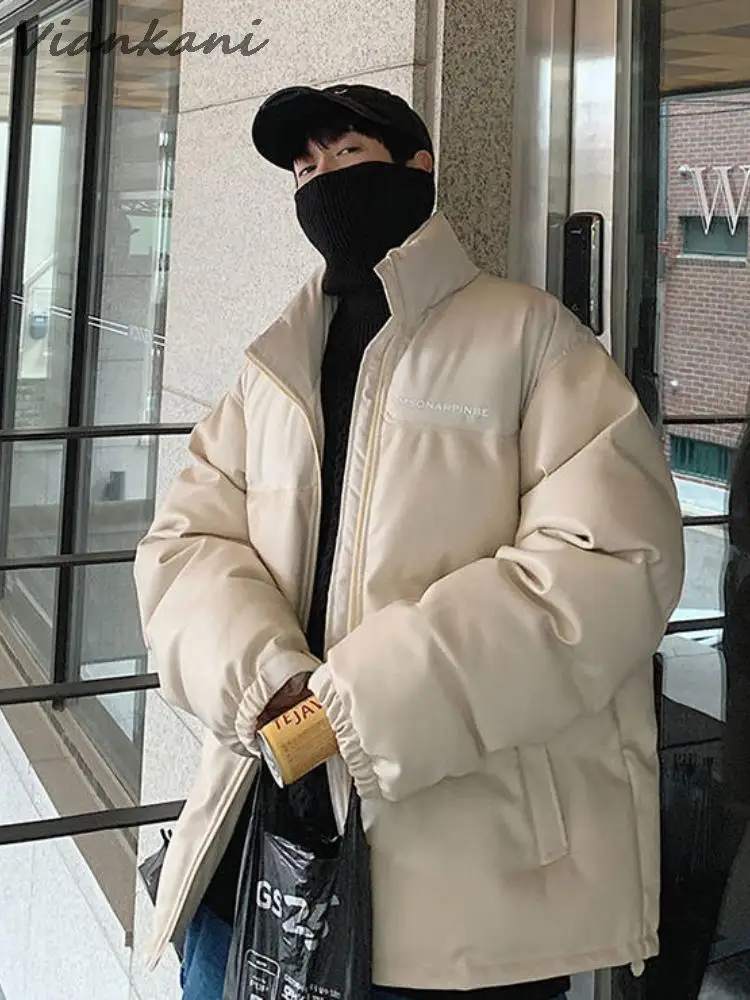 Leather Padded Jacket Men Thickened Winter 2022 New Hip Hop Warm Splicing Jackets Korean Trend Hip Hop Cool Streetwear Coats