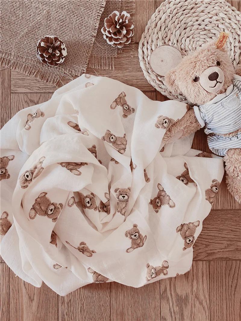 Муслиновое одеяло для новорожденных с принтом медведя, детское бамбуковое хлопковое муслиновое одеяло, накидка для младенцев, муслиновые п...