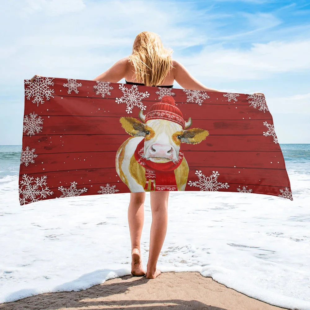 

Country Style Christmas Snowflake Cow Bath Towel Microfiber Beach Towel Bathroom Supplies Travel Camping Yoga Women Kids Gifts