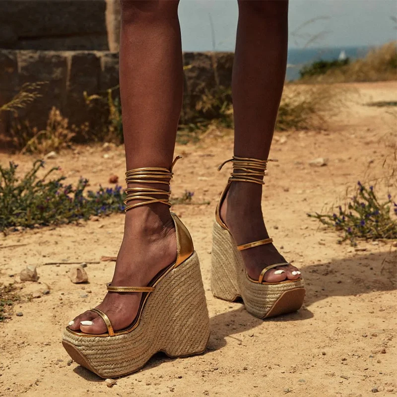 

RIBETRINI New Gold Metallic Espadrilles Wedges women's Sandals Open Toe Strappy Heeled Summer Shoes Super High Heels 16 CM