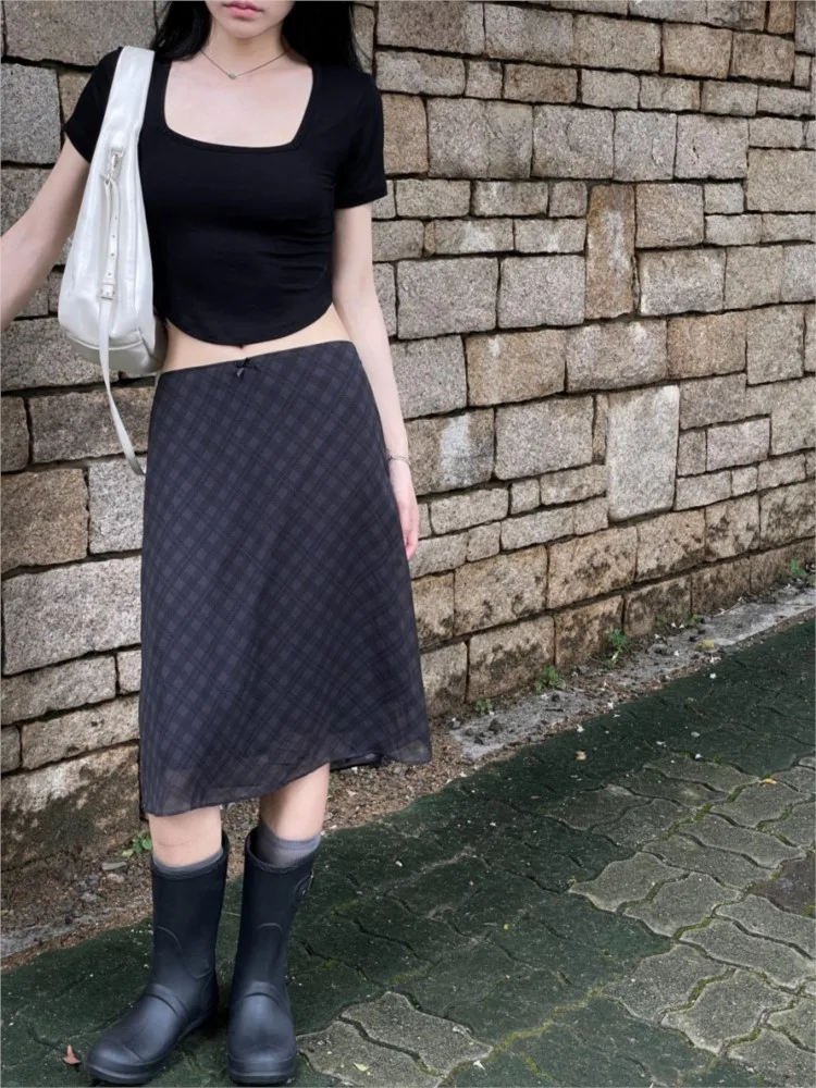 Юбка-миди Женская клетчатая в полоску свободная плиссированная юбка с
