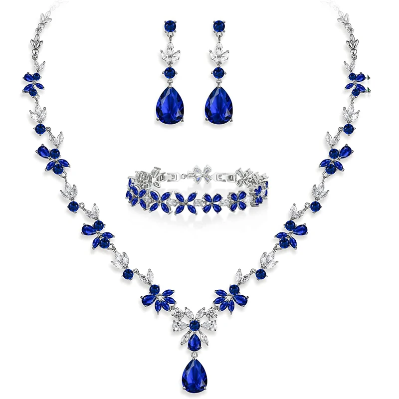 

WEIMANJINGDIAN Brand New Arrival Set of 3 Floral Cubic Zirconia Necklace Bracelet and Earrings Wedding Jewelry in Red Blue Green