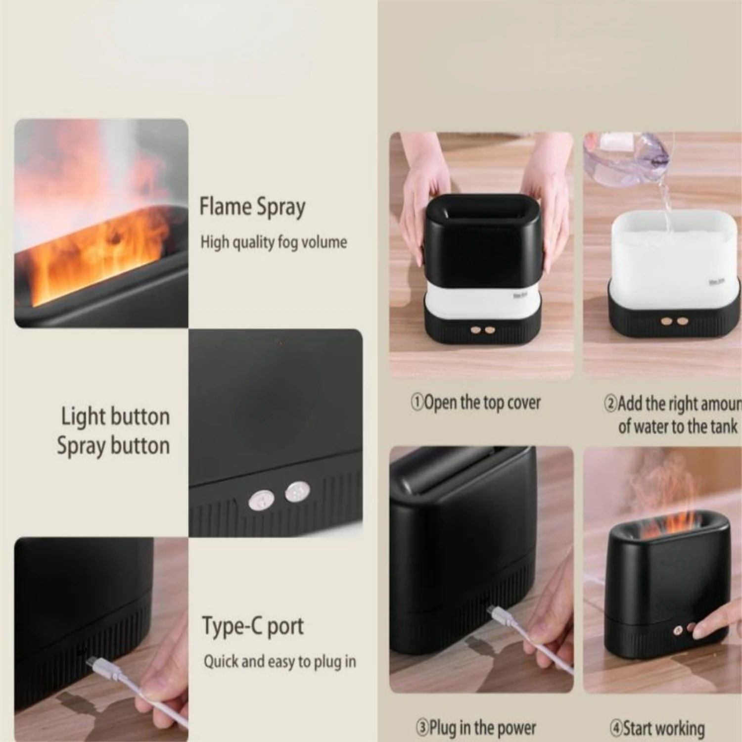 Тихий и спокойный воздушный диффузор с имитацией пламени мягким светом —