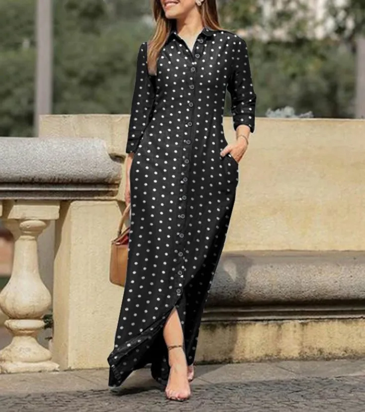 Купи 2023 Autumn New Ladies Casual Plaid Dot Print Long Sleeve Lapel Collar Button Up Dress Mom Skirt Dress Women Elegant Casual Wear за 693 рублей в магазине AliExpress