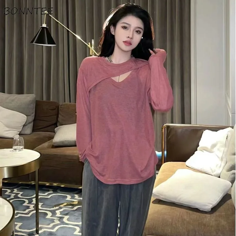 

T-shirts Women Baggy Fashion Summer Chic Breathable Simple Lady All-match Hollow Out Design Chic Ulzzang Leisure Sun-protection