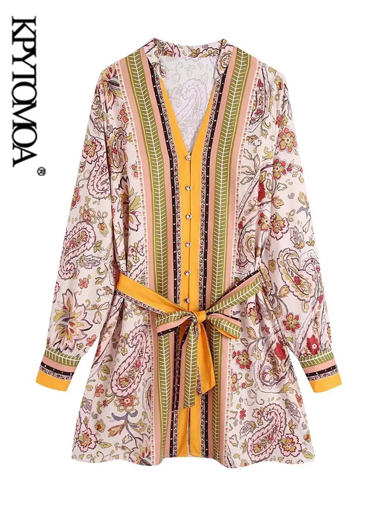 

KPYTOMOA женское модное мини-платье с поясом с принтом винтажное платье-рубашка с длинным рукавом женские платья на пуговицах Vestidos Mujer