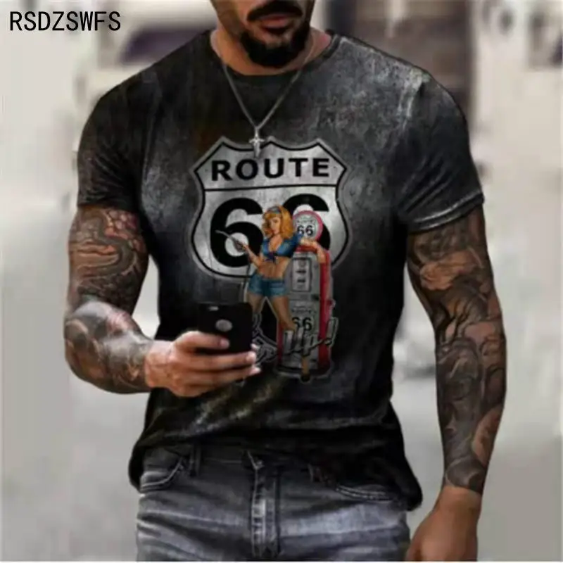 Summer Men's T-Shirt Street Fashion U.S. Highway 66 Personalized Printing Clothes；Large Size Men’s Top Loose Pullover |