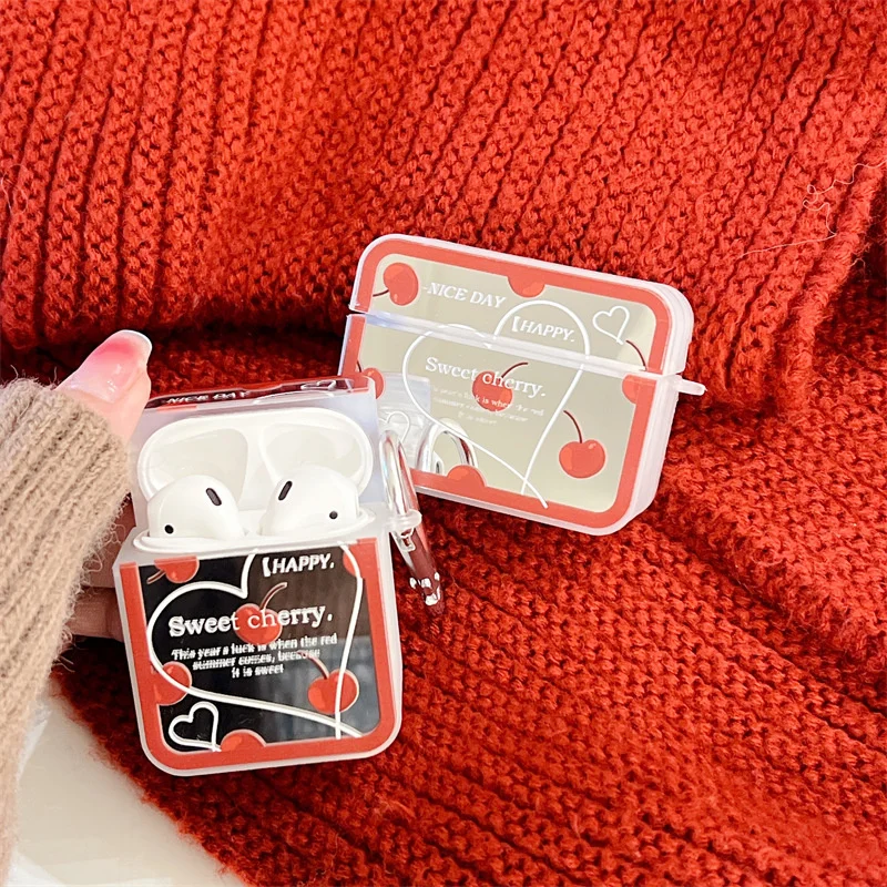 

Korean Style Bluetooth Earphone Case Mirror Makeup Cherries Line Love Letter Fashion Cute For AirPods 1 2 3 Pro Earphone Case