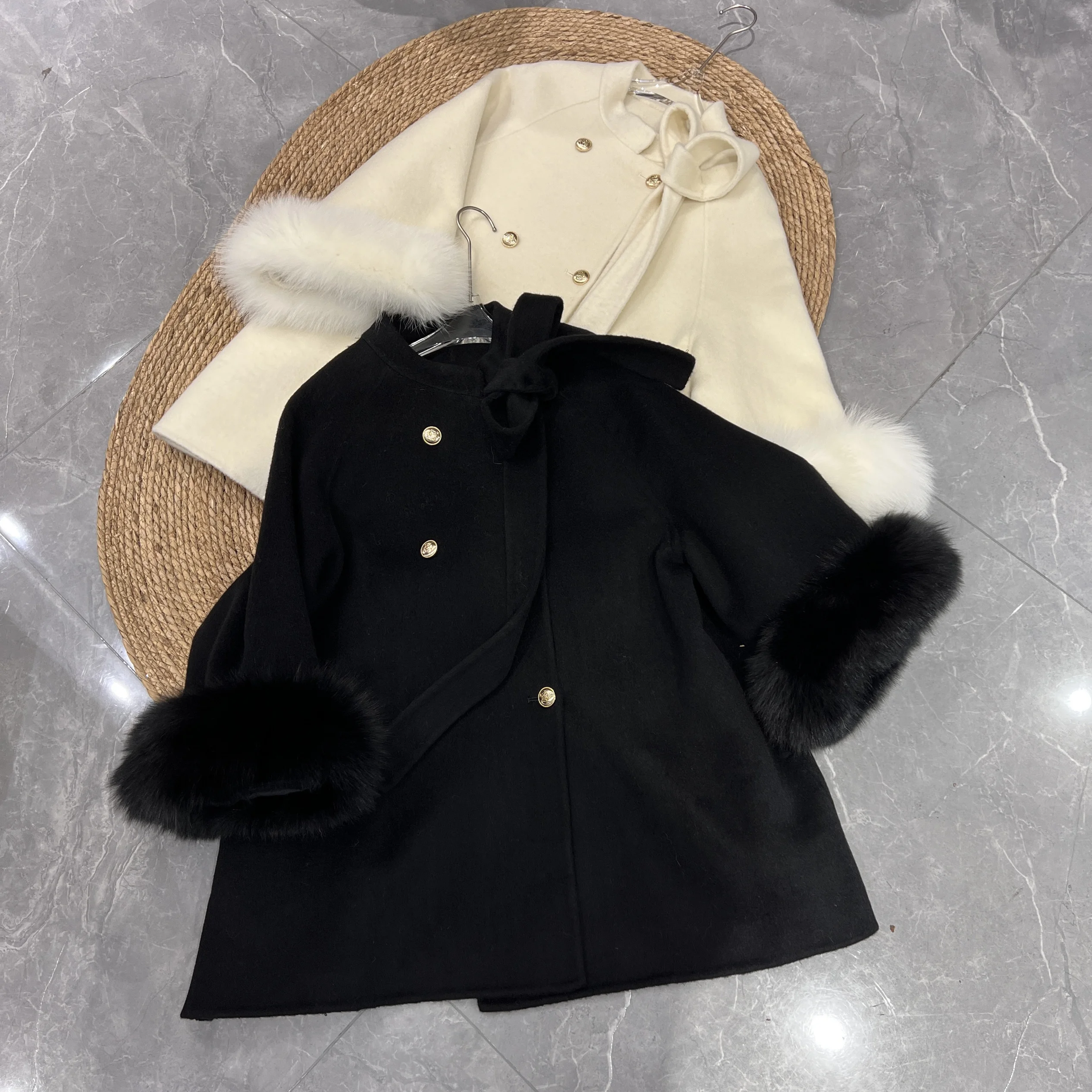 Осень-зима 2024 новая шерстяная накидка с большим меховым воротником пальто