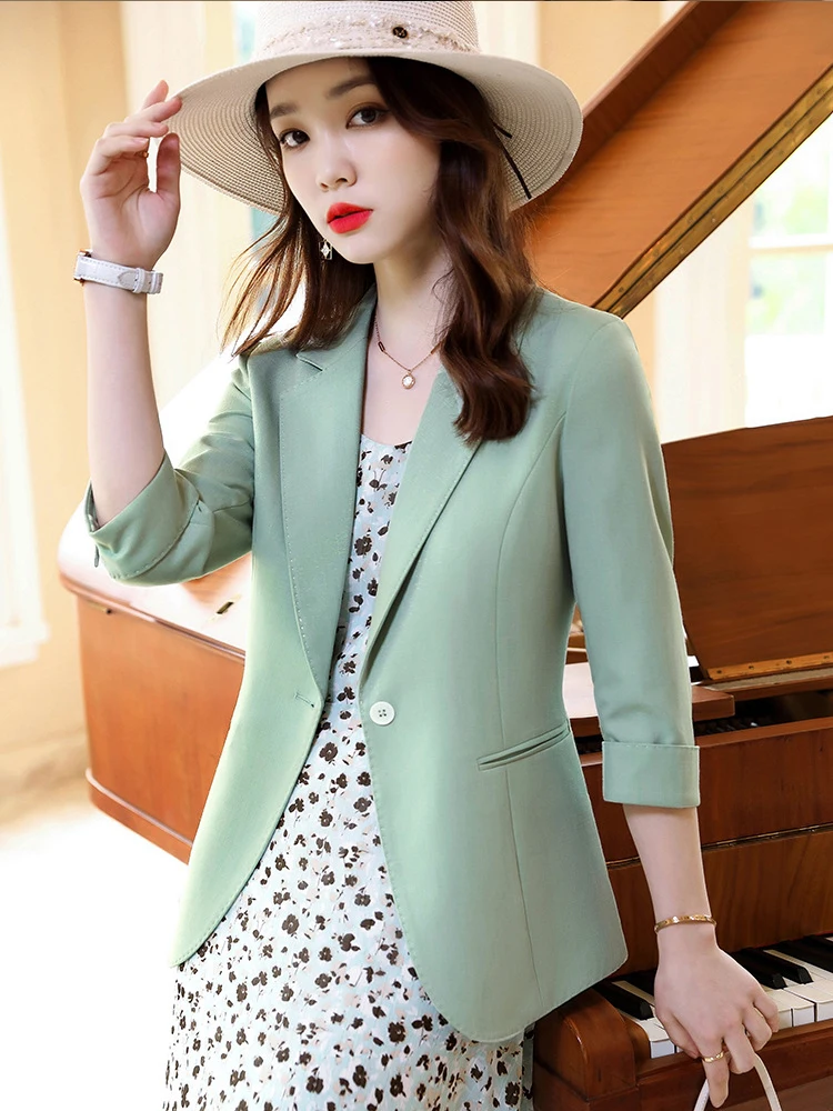 

Summer Women Fashion Blazer Korea Style Single Button Long Sleeve Solid Chic Coat Office Lady Casual Slim Suit Top