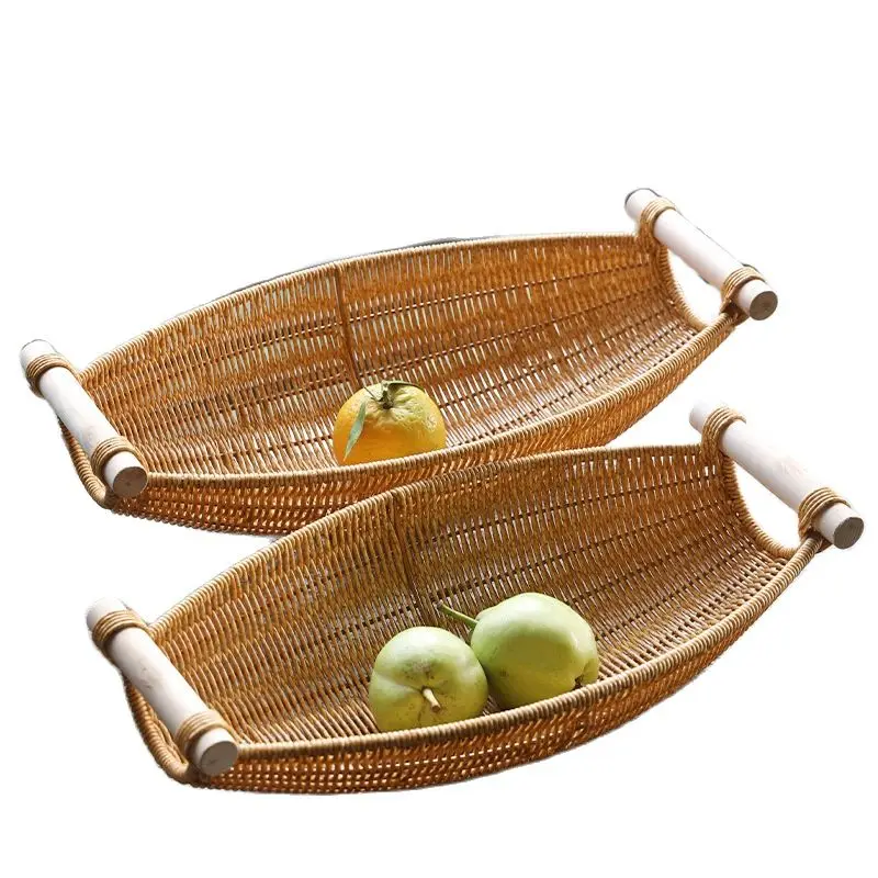 

CAMIGEL Woven Fruit Basket Tray for Living Room Snack Fruit Basket, Handmade Rattan Woven Basket with Handles