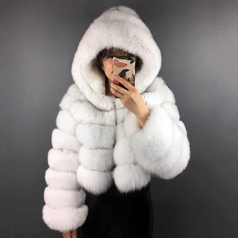 Real Fox Fur Crop Coat With Hood Women Natural Fur Hoodie Jacket With Zipper Winter Warm Thicken Temperament Outwears For Women