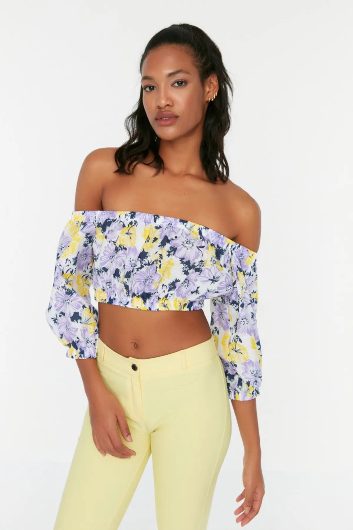 

Women's Summer Crop Top Blouse Lilac Carmen Collar Blouse Casual Tank Top Vest Blouse