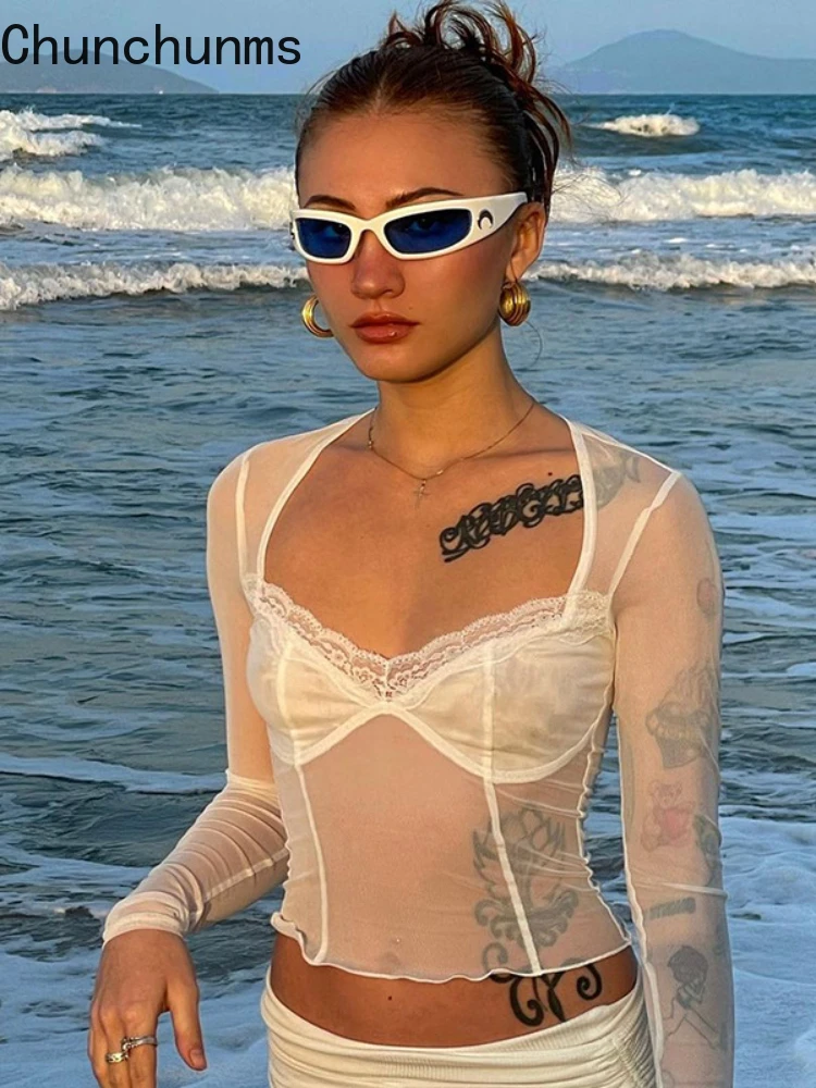 Весна 2022 привлекательная кружевная женская футболка с сетчатыми краями