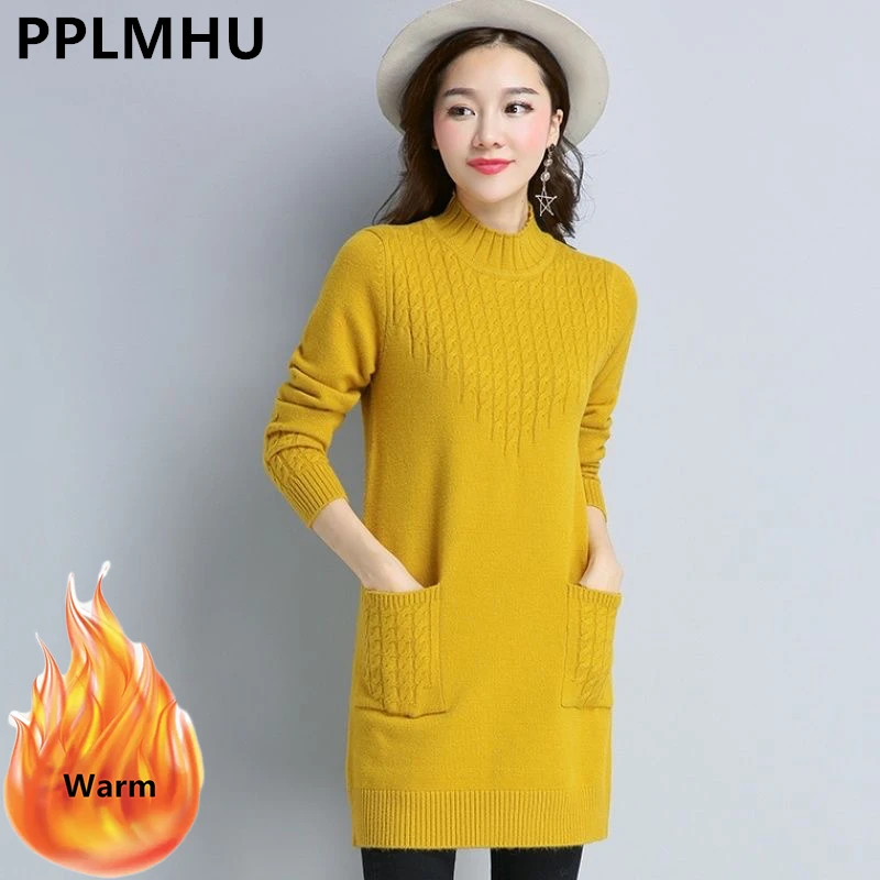 

Winter Mid-length Plus Velvet Bottoming Sweaters Women's Thicken Soft Long Knitted Tops Mock Neck Slim Warm Pullovers With Coats