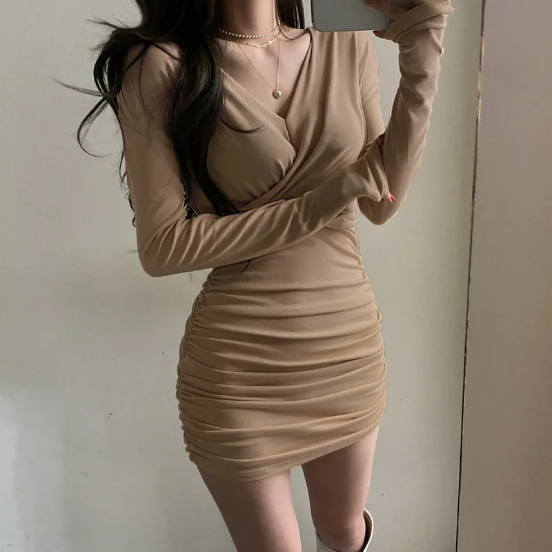 

2022 Fashion Solid Simple Mini Dress Flods Pencil Dress Women Streetwear Sexy V Neck Club Dress Bandage Dresses