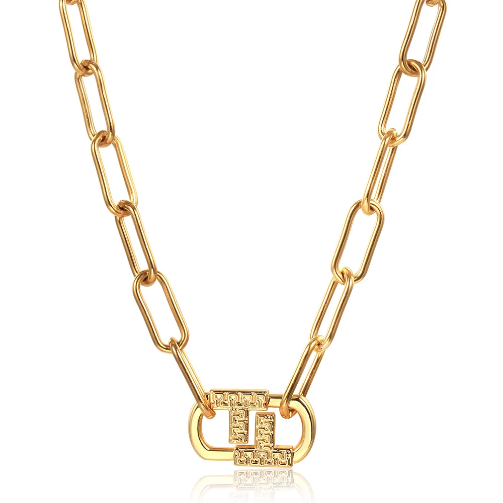 

Chic 7mm Gold Color Necklace For Women Stainless Steel Geometric Double T Shape Charm Cable Paperclip Link Chain Choker TNS036