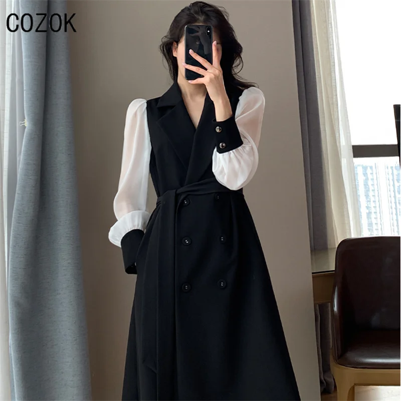 

Women's Vintage Fashion Belted Long Dress, Chiffon Long Sleeve Office Dress, Autumn Winter Long A-Line Black Dress